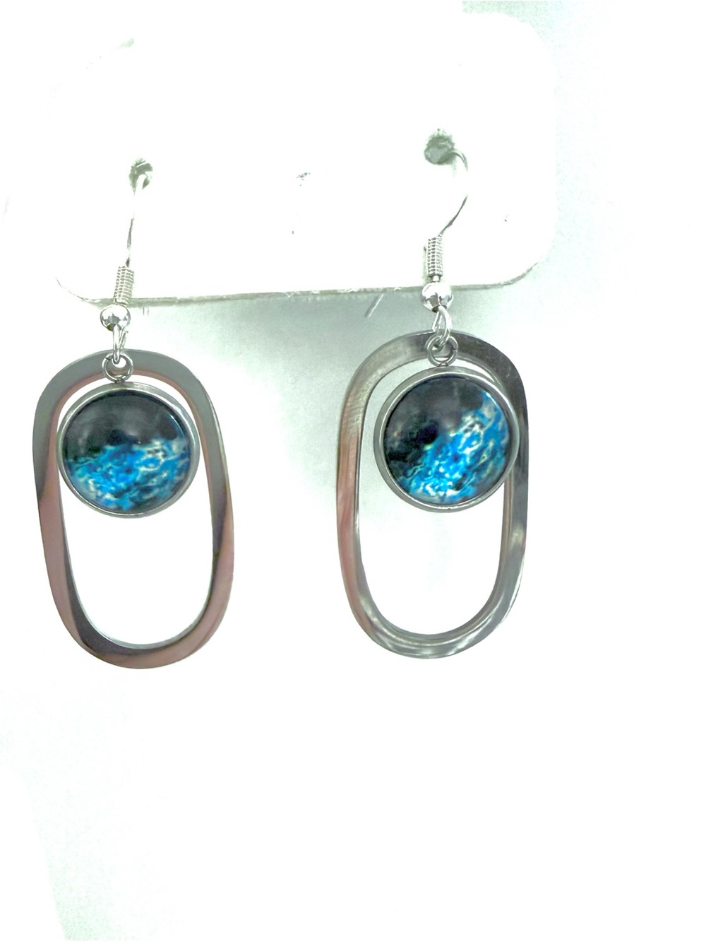 Sterling Silver 925 Blue Dichroic Art Glass Dangle Earrings Modernist Oval Drop